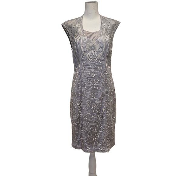 Sue Wong Nocturne Gray Silver Embroidered Lace Sheath Cocktail Dress, Size 8 - Picture 1 of 11
